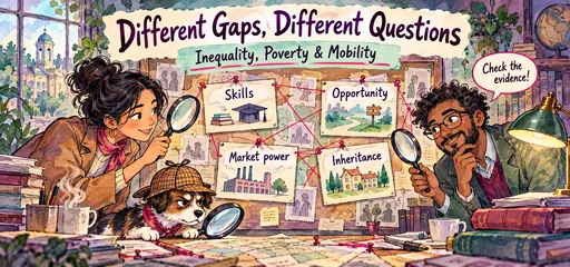 Watercolor detective comic of two students and a dog examining skills, opportunity, market power and inheritance as possible mechanisms behind economic gaps.