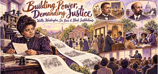 Violet ink and copper watercolor comic of Ida B. Wells investigating at her desk, a paper path connecting Black schools, community banking and clubwomen, and portraits of Booker T. Washington and W. E. B. Du Bois.