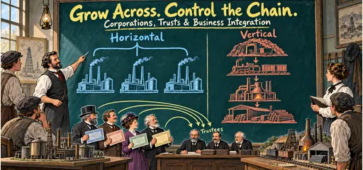 Hand-drawn chalk comic comparing horizontal ownership of rival refineries with vertical ownership of a mine, railway, steel furnace, and sales depot, plus investors transferring control to trustees.