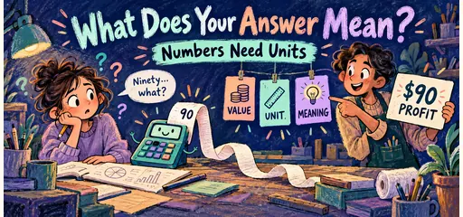 Pastel comic of a puzzled student with a calculator receipt showing 90, while a tutor labels an answer as 90 dollars profit and points to value, unit and meaning cards.
