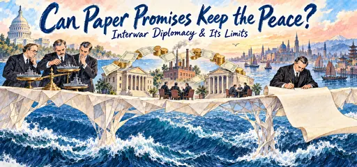 Hand-drawn diplomats balance miniature warships, connect banks and factories through credit, and sign a treaty on a fragile paper bridge over rough seas, illustrating interwar cooperation and weak enforcement.