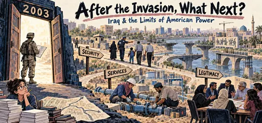 Hand-drawn comic contrasting the 2003 Iraq invasion with unfinished routes toward security, public services, and political legitimacy, with Iraqi residents repairing and debating.