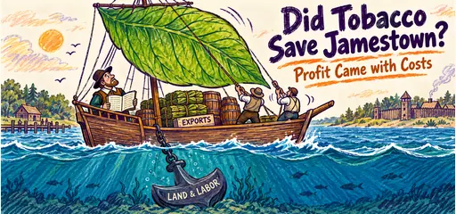 Wax-crayon comic uses a giant tobacco leaf as a merchant ships sail, with export cargo above and an anchor labeled land and labor below.