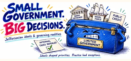 Ballpoint comic of an overfull Limited Government briefcase with a retained bank, naval force, and public credit beside an internal-tax repeal checklist.