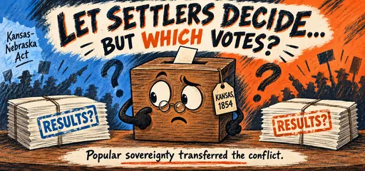 Orange and blue brush-ink comic of a puzzled Kansas ballot box between competing results, illustrating disputed votes and popular sovereignty after the Kansas-Nebraska Act.