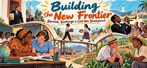 Hand-drawn journal bridge linking Kennedy’s New Frontier with Peace Corps teaching, student exchange, agricultural cooperation, and jazz diplomacy.