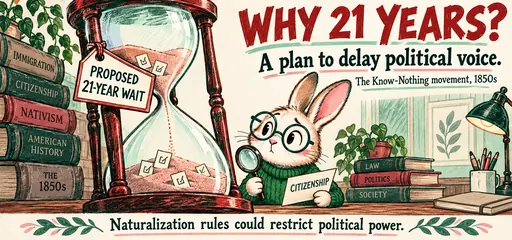 Cherry-red and green pencil comic of a rabbit history student examining an hourglass labelled proposed 21-year wait, illustrating nativist efforts to delay citizenship and political voice.