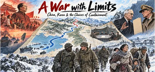 Hand-drawn Korean War campaign map, integrated soldiers, displaced civilians, Truman and MacArthur, and armistice talks illustrate containment’s changing aims and limits.