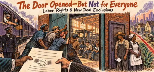 Hand-drawn industrial workers open a factory door toward collective bargaining while farm and domestic workers face exclusions; a sleeping-car porter and redlined neighborhood show distinct labor and housing histories.