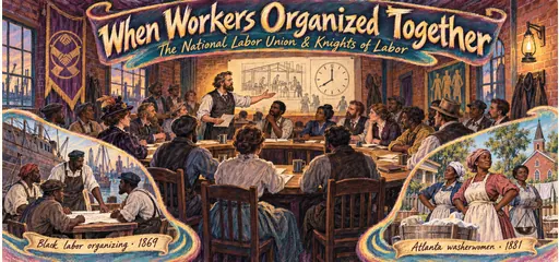 Chalk-pastel comic of a Knights of Labor community assembly discussing cooperation and shorter hours, with separate scenes of Black labor organizing in 1869 and Atlanta washerwomen organizing in 1881.