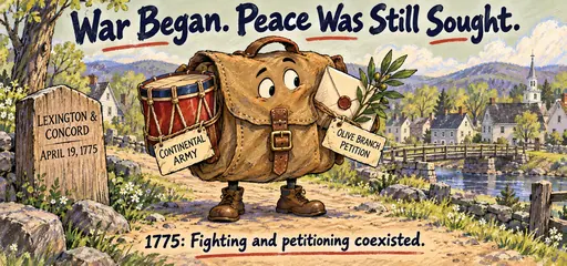 Handwritten satchel comic carries a Continental Army drum and Olive Branch Petition beside a Lexington and Concord marker dated April 19, 1775.
