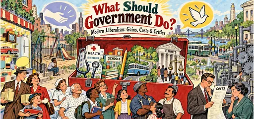 Hand-drawn civic toolbox containing health care, schools, transit, parks, and a rights courthouse, with families benefiting and citizens considering costs and bureaucracy.