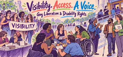 Hand-drawn comic of gay liberation organizers and disability-rights activists sharing support, with a visibility march, accessible entrance, interpreter, and 1977 Section 504 folder.