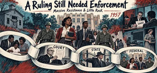 Hand-drawn Little Rock students entering Central High under federal escort, with paper-chain scenes connecting family litigation, court orders, state obstruction, and federal enforcement.