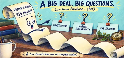 Handwritten comic receipt for France’s claim, $15 million, points to questions about the Constitution, Native sovereignty, and exploration after the Louisiana Purchase.