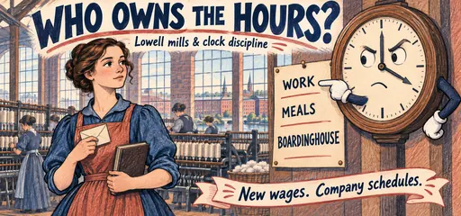 Hand-drawn Lowell mill worker holds a wage envelope and book beside a clock pointing to work, meals and boardinghouse rules, contrasting opportunity with company control.