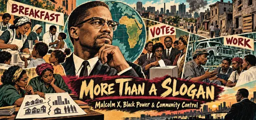 Hand-drawn Malcolm X portrait with an Africa-centered globe, breakfast and clinic volunteers, Black voters, auto workers, and neighbors studying housing inequality.