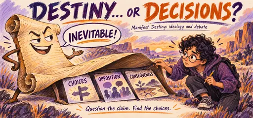 Hand-drawn comic of a student lifting a confident Manifest Destiny parchment to reveal choices, opposition, and consequences.