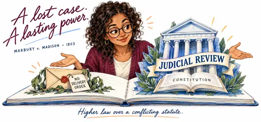 Handwritten watercolor comic of a student opening a pop-up notebook: Marbury receives no delivery order, while judicial review rests on the Constitution.