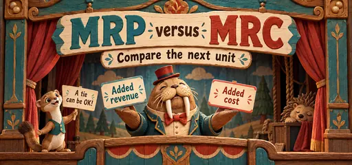Carved wooden puppet theater with a walrus comparing added revenue and added cost, a stoat noting that a tie can be OK, and a sleepy hedgehog backstage.