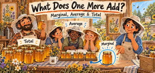 Hand-drawn marginal and average comic using honey production to contrast a total collection, equal per-worker portions, and one highlighted additional jar.