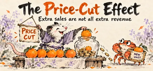 Ink-wash opossum fruit seller and crab accountant compare an extra sale with revenue lost through a lower price.