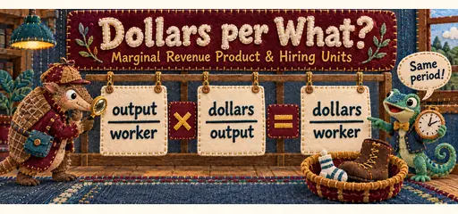 Embroidered felt comic of an armadillo unit detective multiplying output per worker by dollars per output while a gecko reminds readers to use the same period.