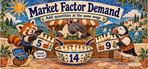 Ceramic mosaic comic of a tapir combining two firms’ quantities labeled 5 and 9 into a market total of 14 at the same wage, while a snail asks to be counted.