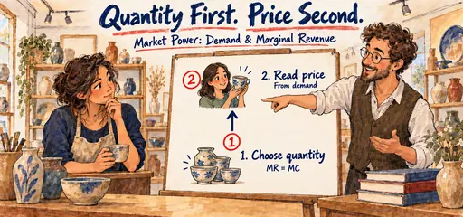 Hand-drawn market power comic showing a pottery seller and tutor finding quantity where marginal revenue meets marginal cost, then moving up to demand to read price.