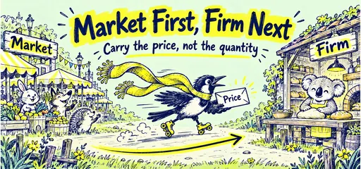 Ballpoint comic magpie carries a Price envelope from a busy market to a koala’s bread workshop.