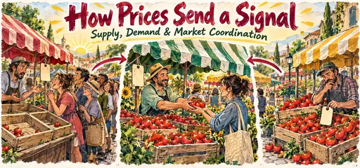 Hand-drawn market coordination comic comparing a queue at an almost empty produce stall, a balanced exchange, and unsold tomatoes, illustrating shortages, equilibrium, and surpluses.