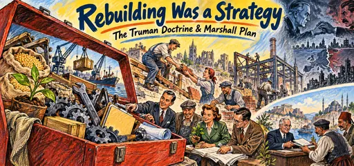 Hand-drawn toolbox of grain, machinery, shipping, and technical aid alongside European reconstruction and Truman Doctrine assistance to Greece and Turkey.