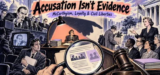 Hand-drawn hearing microphones, an accusing shadow, a magnifying glass over evidence, and affected employees illustrate McCarthyism and civil-liberties safeguards.