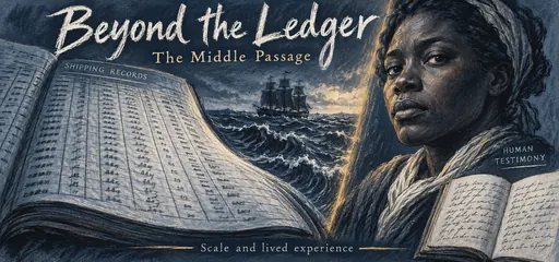 Chalk and conte illustration contrasts shipping records and an Atlantic slave ship with a dignified symbolic portrait and testimony notebook, emphasizing scale and lived experience.