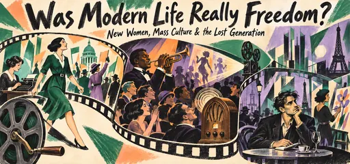 Hand-drawn film ribbon connects a woman entering public life, a jazz trumpeter and radio audience, and a reflective expatriate writer with modern art, showing competing visions of modernity.