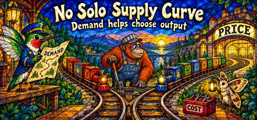 Stained-glass comic hummingbird and orangutan guide two trains using demand and cost.