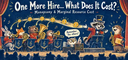 Cyanotype comic of a raccoon conductor hiring an otter musician while a coin ribbon reaches existing band members and an owl counts the whole payroll.