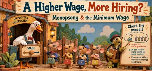 Cork-puppet workshop comic with one goose employer, mouse workers and a tortoise asking viewers to check the model before predicting minimum-wage effects.