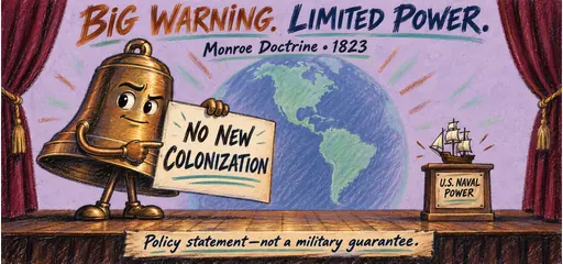 Hand-drawn warning bell holds a no-new-colonization card beside a tiny U.S. naval-power model, illustrating the Monroe Doctrine’s policy warning and limited enforcement capacity in 1823.
