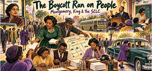 Hand-drawn Montgomery boycott organizers coordinating carpools, leaflets, donations, and telephone dispatch alongside Rosa Parks, Martin Luther King Jr., and a citizenship class.
