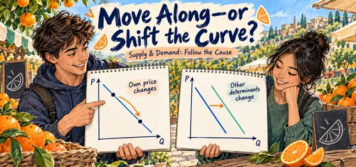 Hand-drawn movement and shift comic showing students comparing movement between points on one demand curve with a rightward shift of the entire demand relationship.