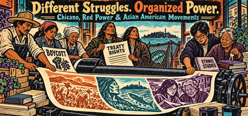 Hand-drawn printshop comic of Mexican American and Filipino farmworkers, Native treaty-rights organizers, and Asian American students and tenants producing distinct movement artwork.