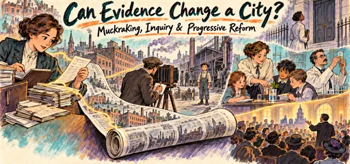 Dip-pen and watercolor comic connecting an investigative reporter, child-labor photographer, classroom inquiry and laboratory research through an unfurled newspaper to a public meeting.