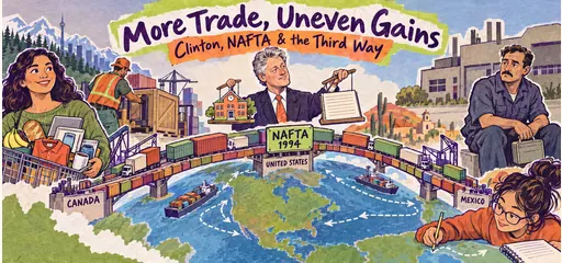 Hand-drawn paper-collage comic of NAFTA trade links among Canada, the United States and Mexico, contrasting consumer and export benefits with a concerned factory worker.