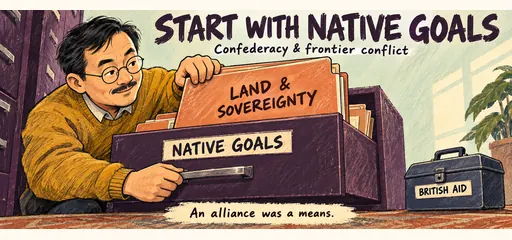 Handwritten archive comic: a researcher finds land and sovereignty in the Native Goals folder, while British aid appears as a smaller toolbox representing a means.