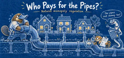 Blueprint-style comic of a platypus plumber, one shared pipe network, a crab checking costs and an eel accountant explaining that infrastructure costs money.
