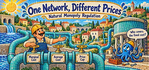 Ceramic mosaic comic of an engineer and an octopus operating a shared water network with marginal-cost, average-cost and price-cap valves.