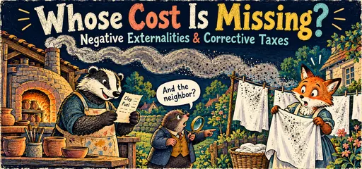 Scratchboard comic of a badger potter counting clay and fuel while kiln soot spots a fox neighbor’s washing; a mole asks about the neighbor’s cost.