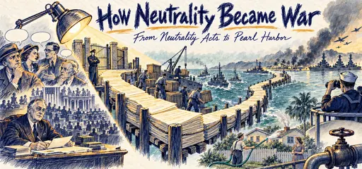Hand-drawn document pier connects American neutrality debates, Roosevelt and Congress, aid shipments and naval escorts with oil sanctions and Pearl Harbor.