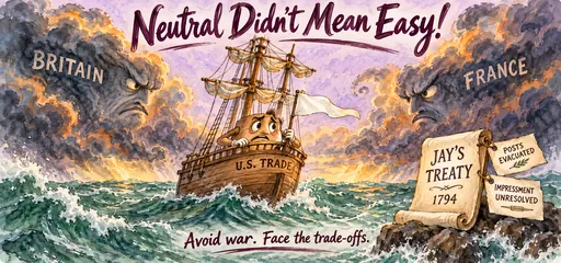 Watercolor handwritten comic of U.S. trade between Britain and France, with Jay’s Treaty gaining evacuated posts but leaving impressment unresolved.